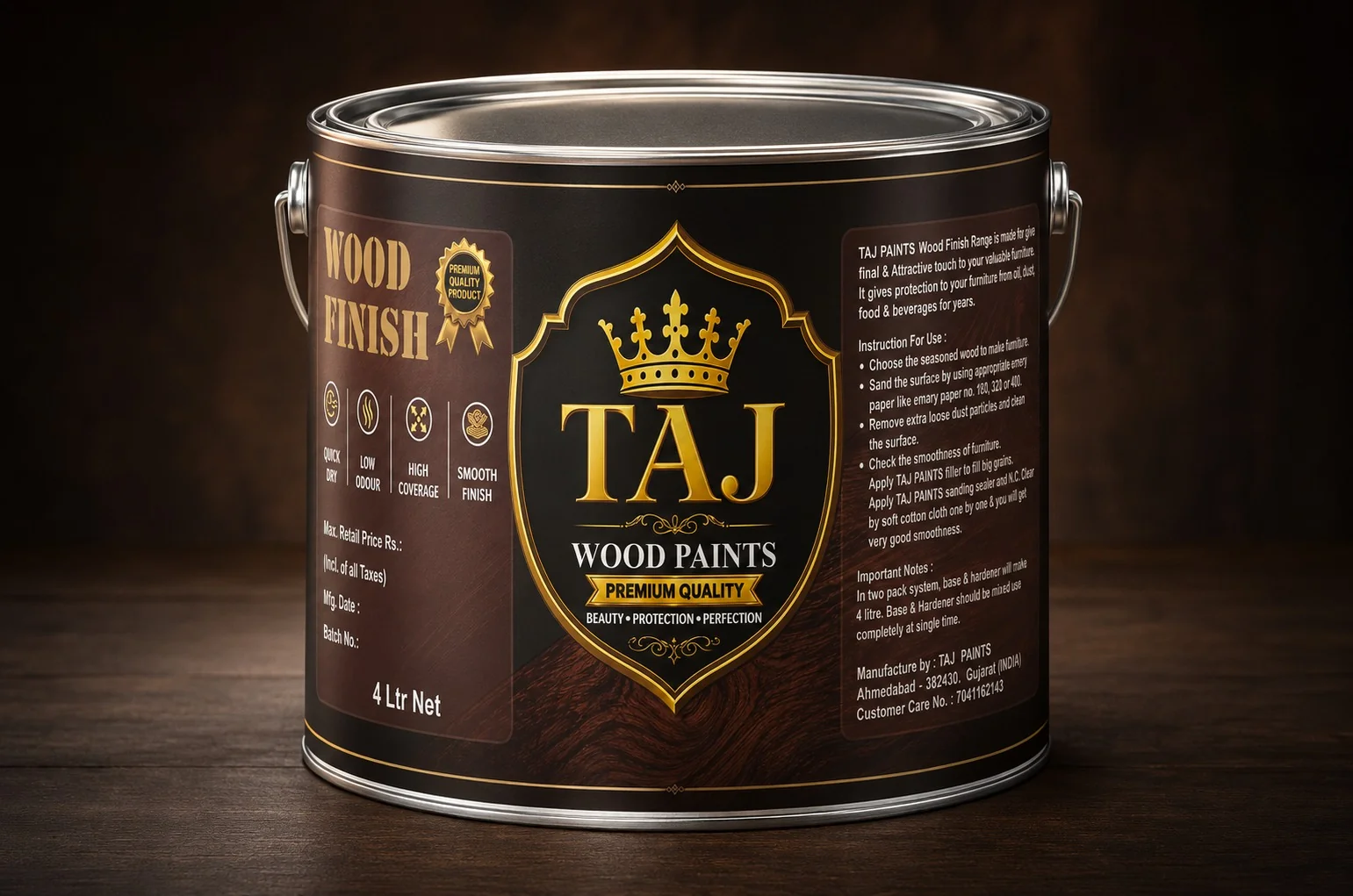 Taj Wood Paints — Wood Finish Tin Label — Home Improvement, Label Design